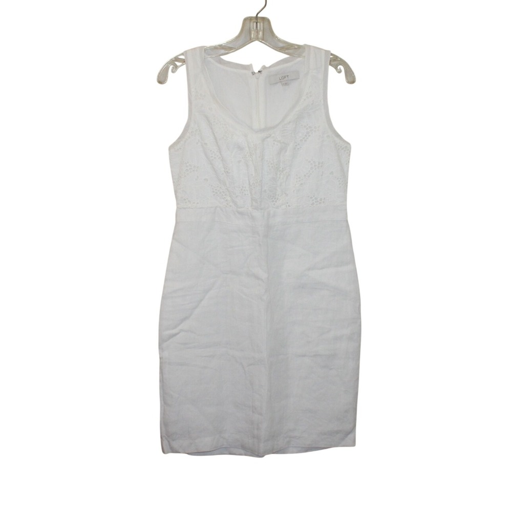 LOFT white sheath dress Size 4 eyelet bodice linen skirt sleeveless scoop neck